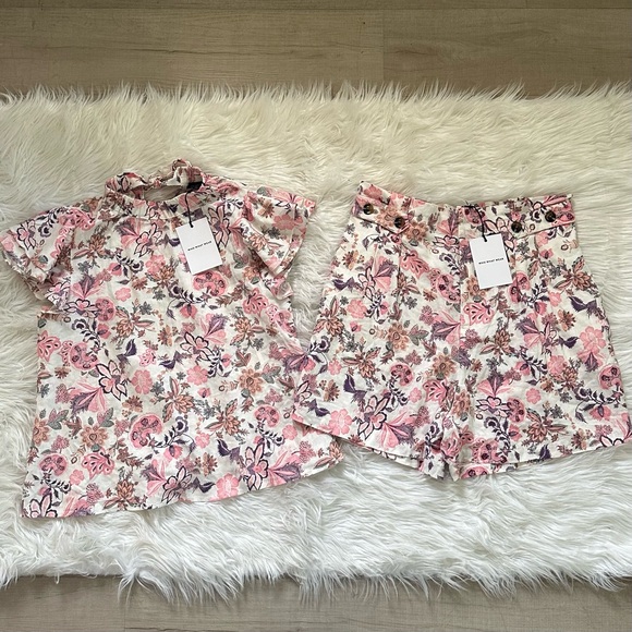 WHO WHAT WEAR NWT 2pc XL 14 Linen Blend High Neck Flutter Sleeve Top Shorts Set - Picture 2 of 15